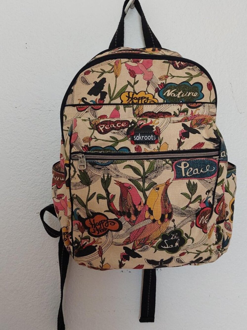 Sakroots multicoloured backpack with adjustable straps peace birds zipper #boho